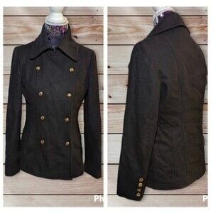 Guess Size Small Black Double Breasted Wool Blend Peacoat Pockets Coat
